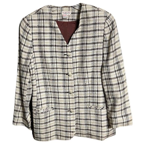 Talbots Jackets & Blazers - Vintage Talbots Handwoven 100% Silk Cream Brown Plaid 4 Button Blazer Sz 8
